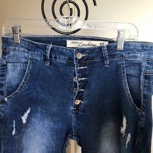 MISS LOCHINA WOMEN JEANS SZ 33 BUTTON FLY STRETCH DISTRESSE EUC